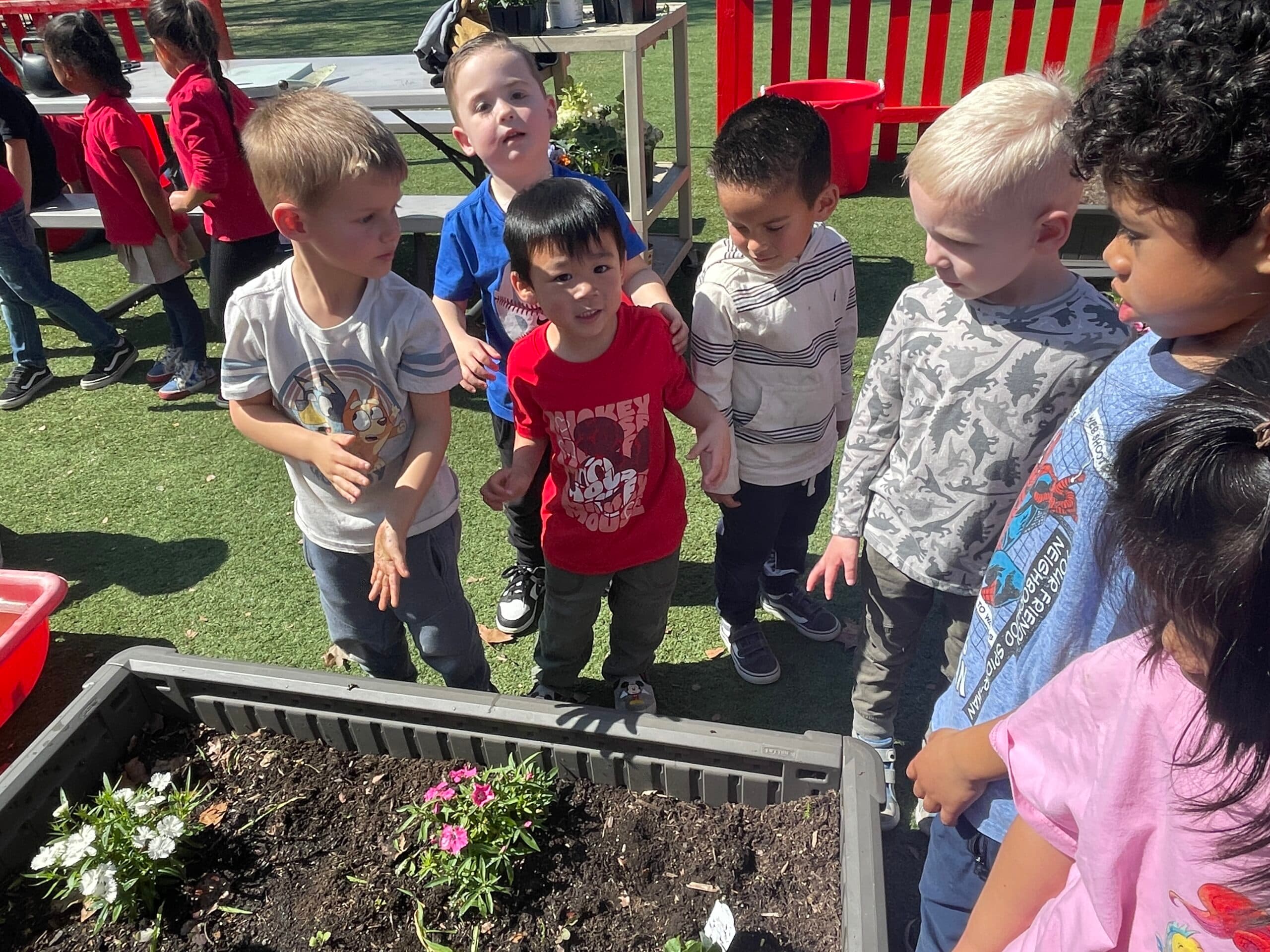 Children working together in the outdoor garden