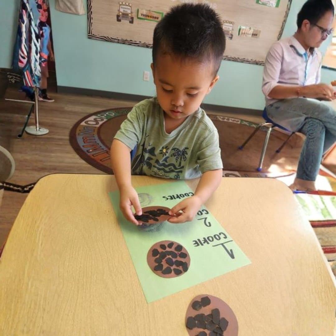 Student counting cookie manipulatives during a math activity